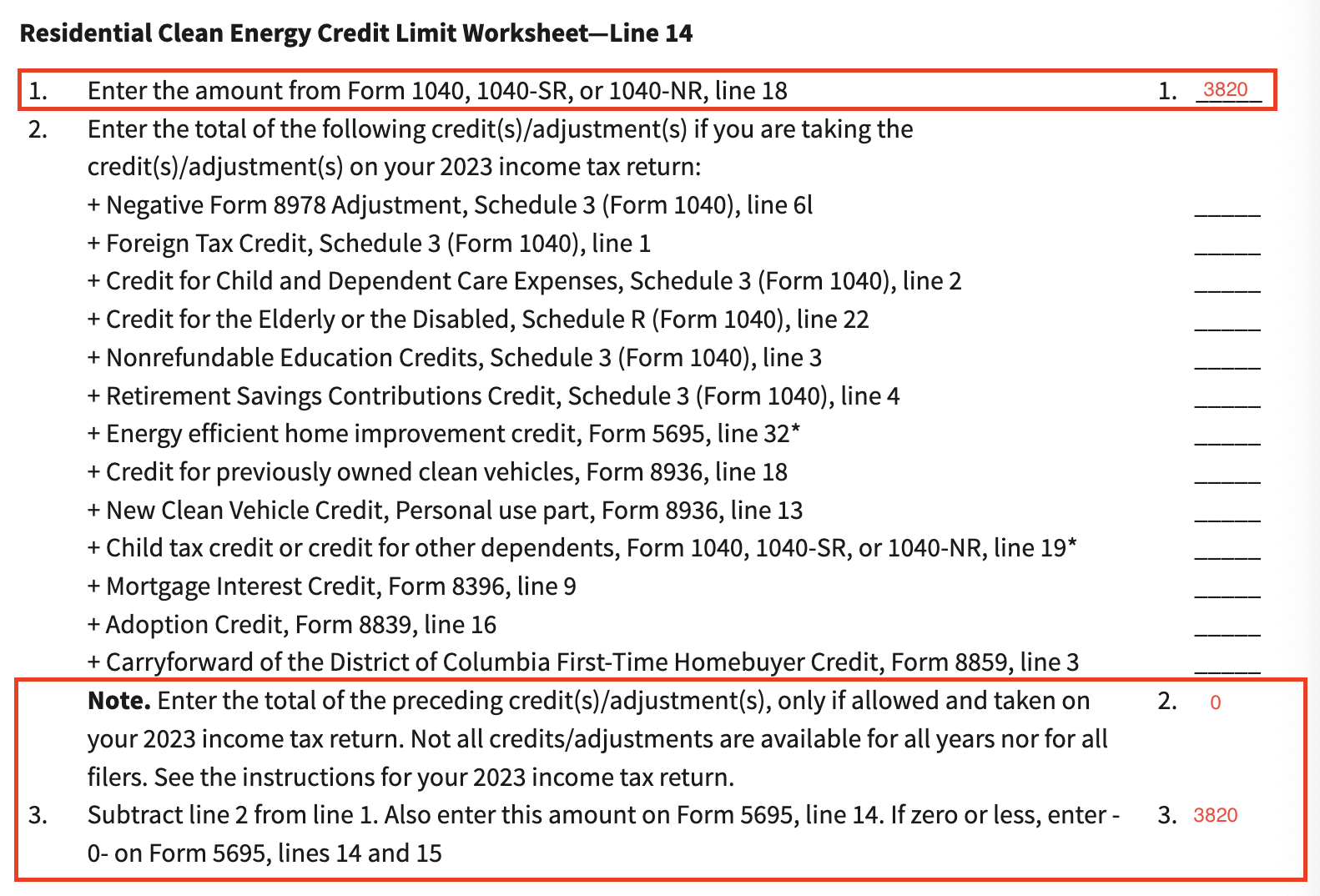 Image of Line 14 worksheet to find tax liability