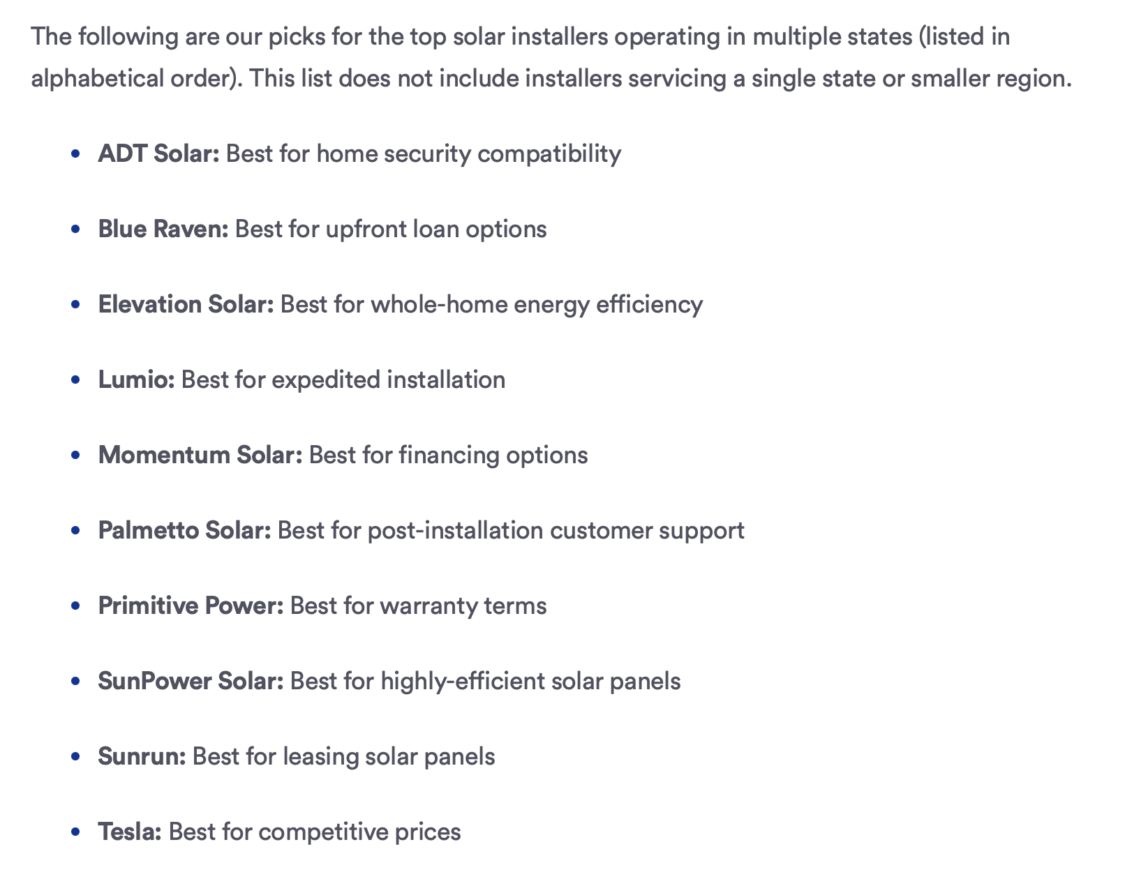 Screenshot of BankRate recommending an out of business national solar installer