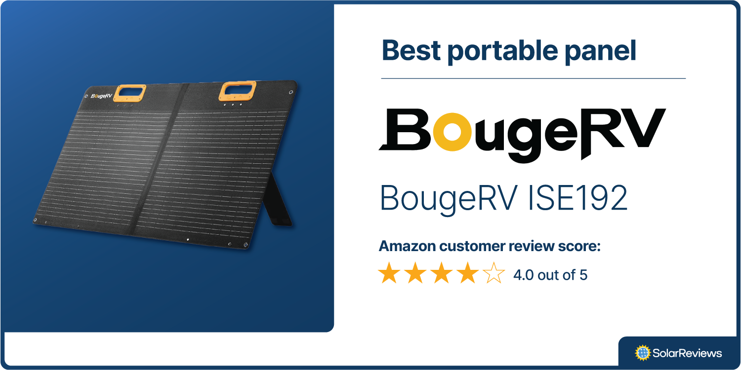 A graphic showing that the BougeRV ISE192 wins our Best portable panel award and has a 4.0 out of 5 star rating on Amazon.