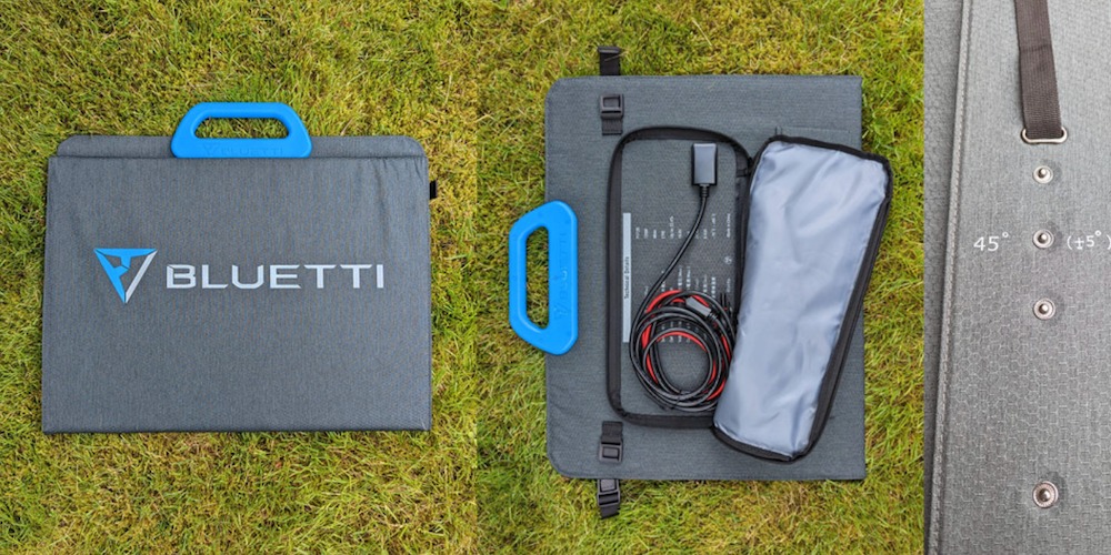 Features of the Bluetti PV120 solar panel: fully folded, zippered pouch with wires, adjustable leg.


