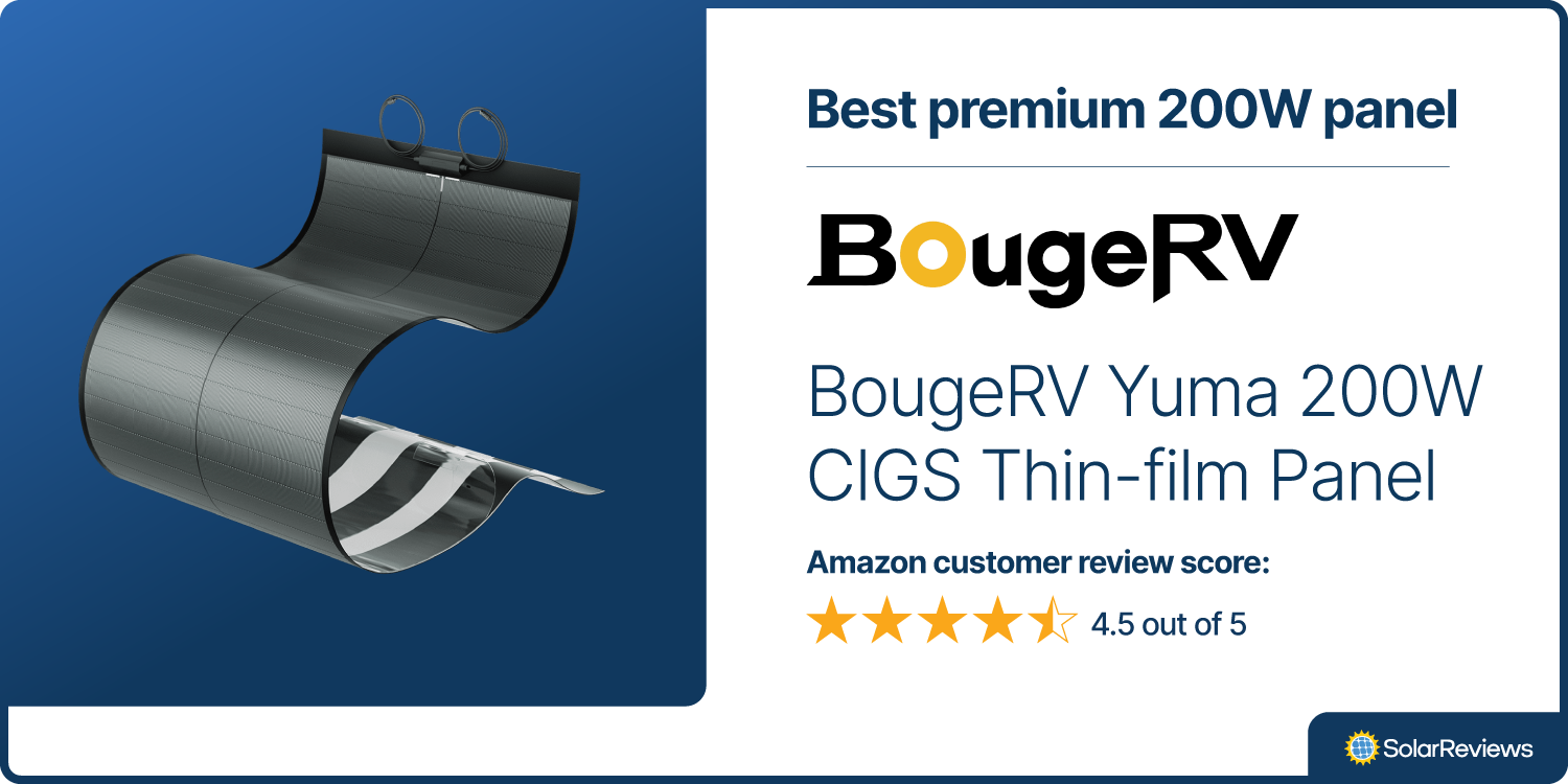 A product card showing that the BougeRV Yuma CIGS Thin-film Panel is the best premium 200W panel