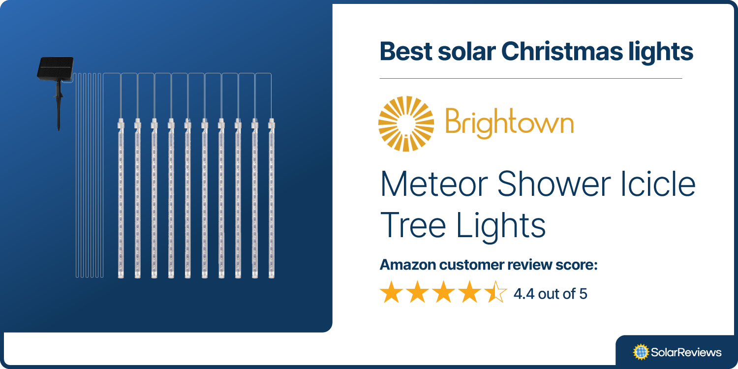 SolarReviews chose the Brightown Meteor Shower Icicle Tree Lights as one of its choice for best solar Christmas lights, with a Amazon customer review score of 4.4/5.