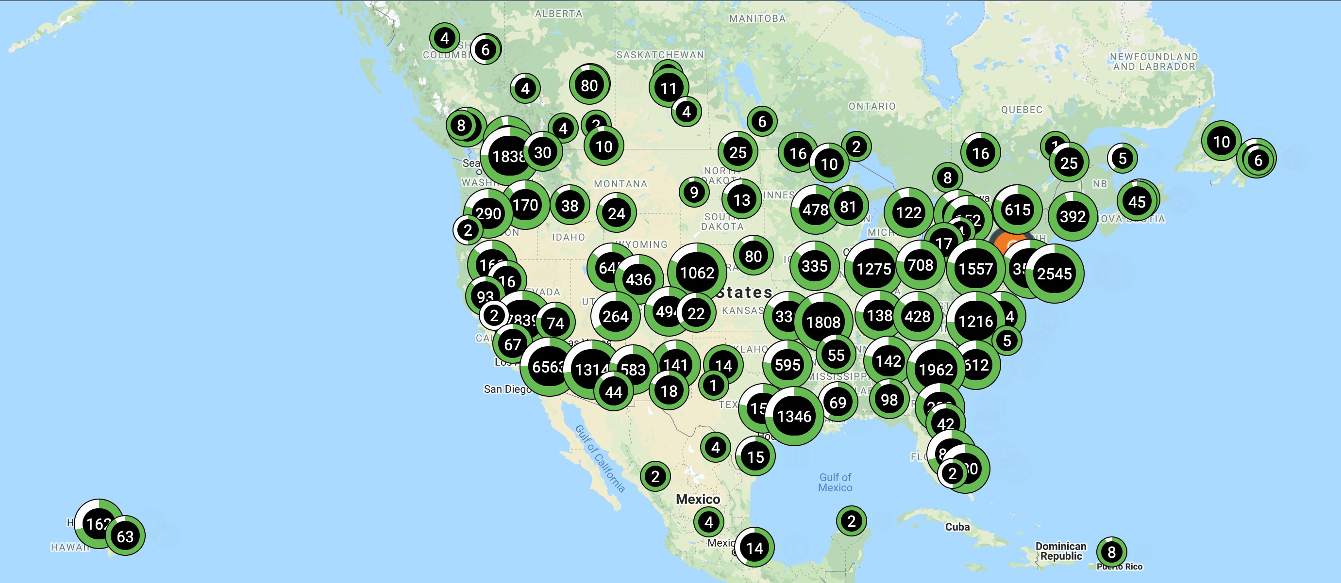 Map of ChargePoint charging locations throughout North America