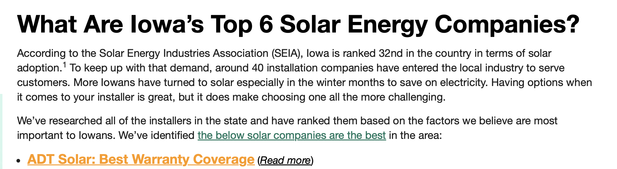 Screenshot of EcoWatch recommending an out of business national solar installer