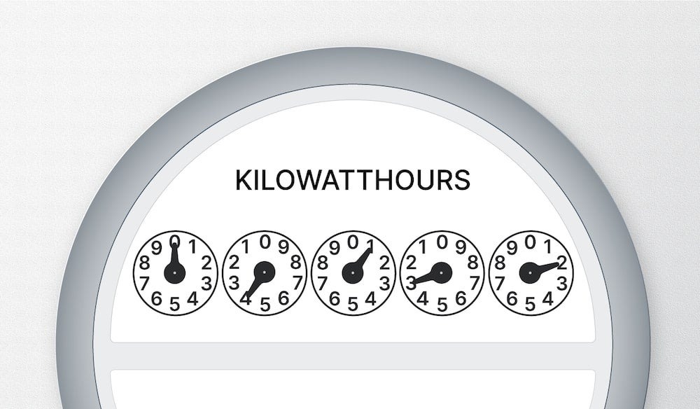 Mock-up of a dial meter reading 2,313 kWh.