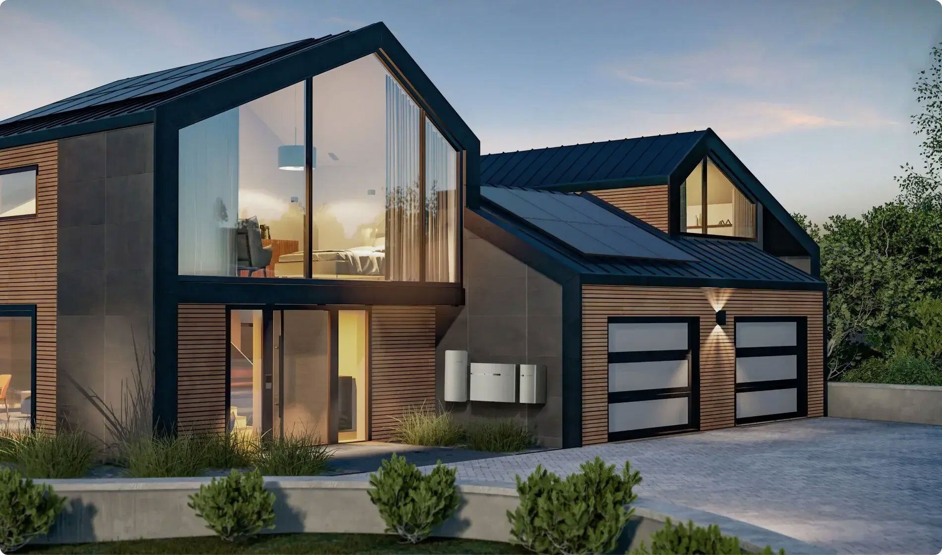 rendering of home with solar panels and enphase battery system on exterior wall