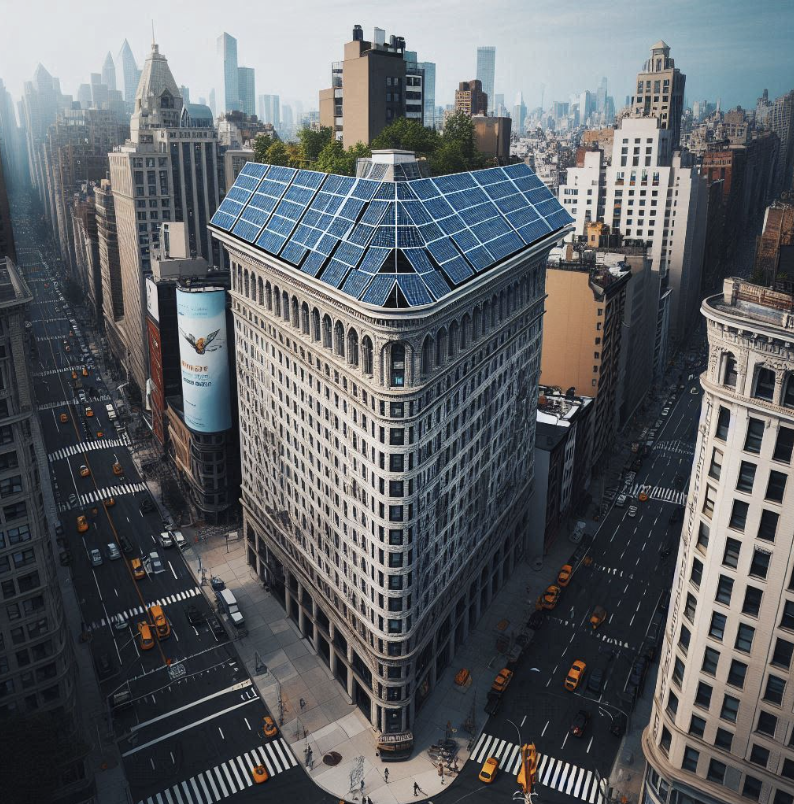 AI-generated image of the Flatiron Building with solar panels on it