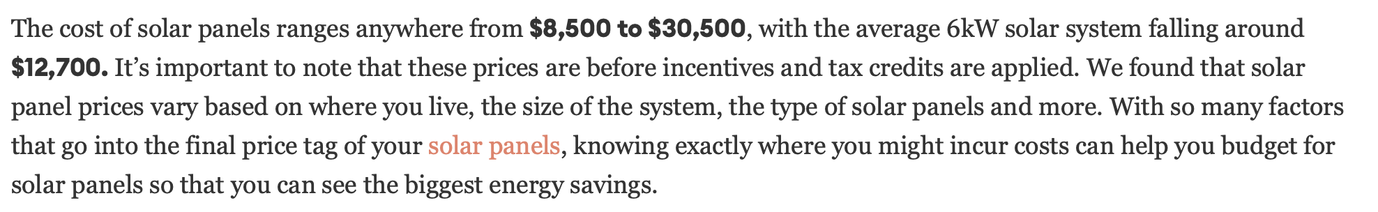 Screenshot of Forbes Home solar panel cost information