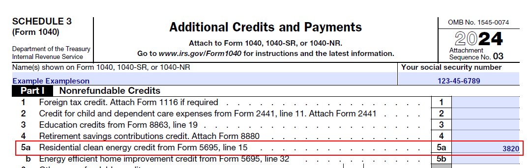 Screenshot of the top of Form 1040 Schedule 3, with line 5a filled out.