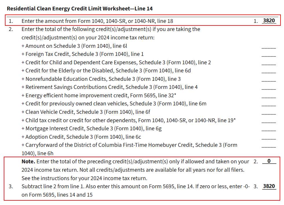 Screenshot of Form 5695 line 14 instructions with lines 1, 2, and 3 filled out