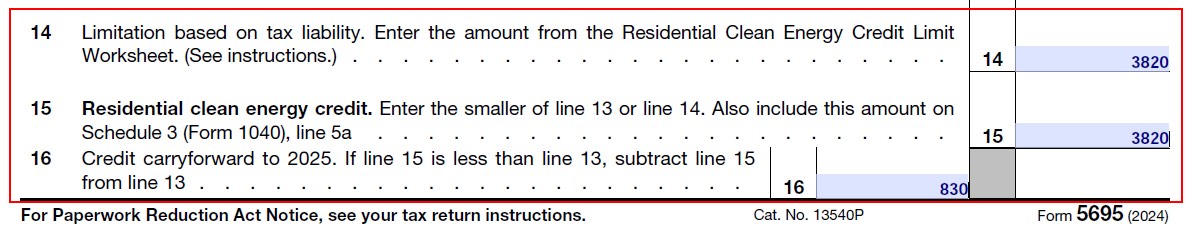 Screenshot of Form 5695 lines 14, 15, and 16