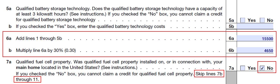 Screenshot of Form 5695 lines 6a, 6b, and 7a