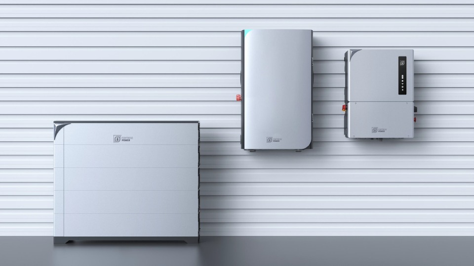 The three components of the Fortress power Avalon ESS: battery stack, smart energy panel, and inverter