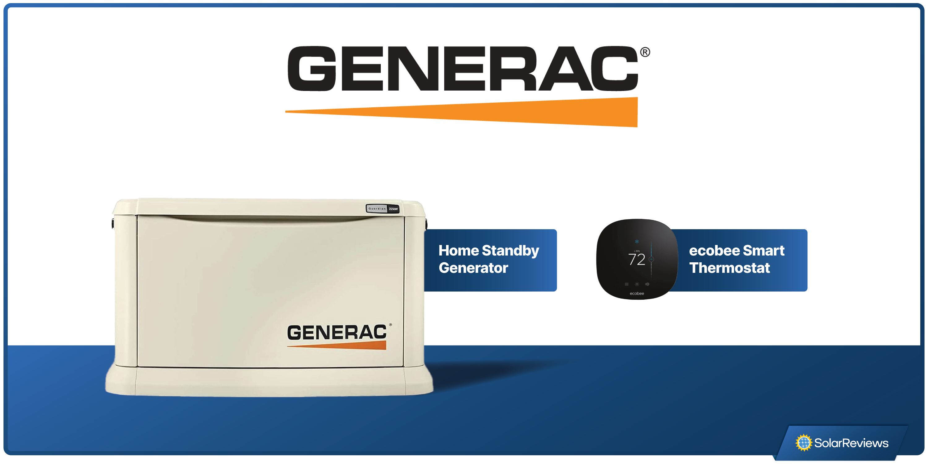 An image showing a Generac home standby generator and an ecobee smart thermostat on a blue and white background