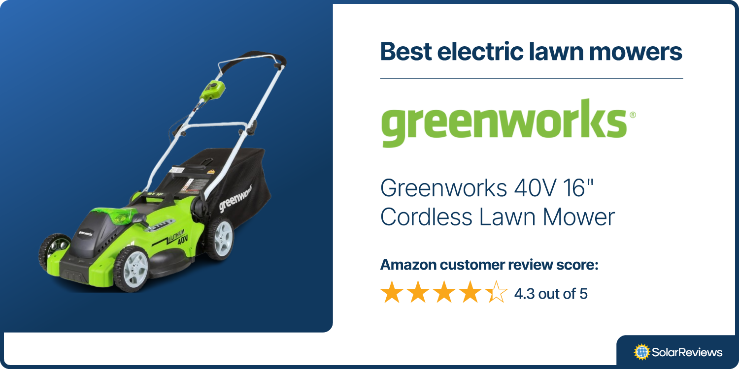 SolarReviews picks the Greenworks 40V 16" Cordless Lawn Mower as one of the best electric lawn mowers with 4.3 out of 5 stars on Amazon