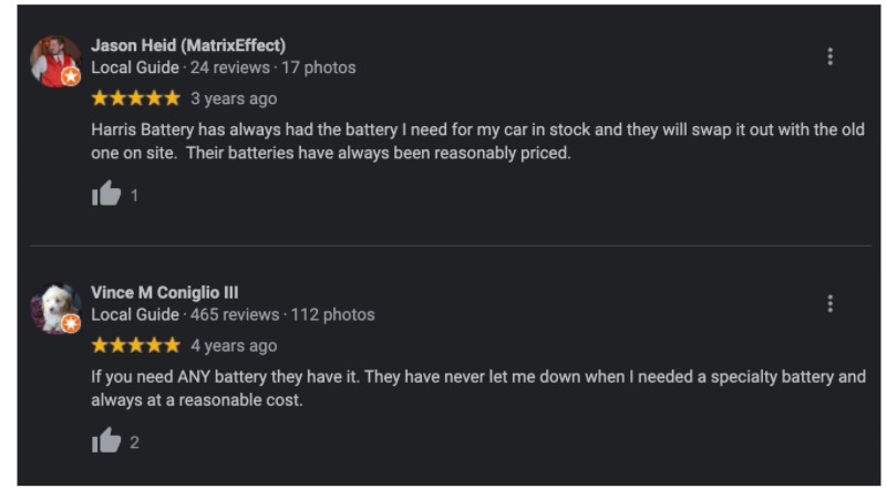 Screenshot of google reviews of harris batteries