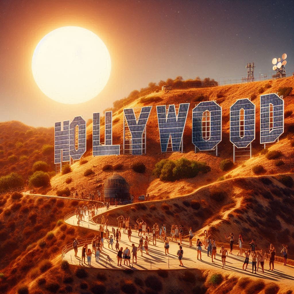 An AI-generated image of the Hollywood sign with solar panels