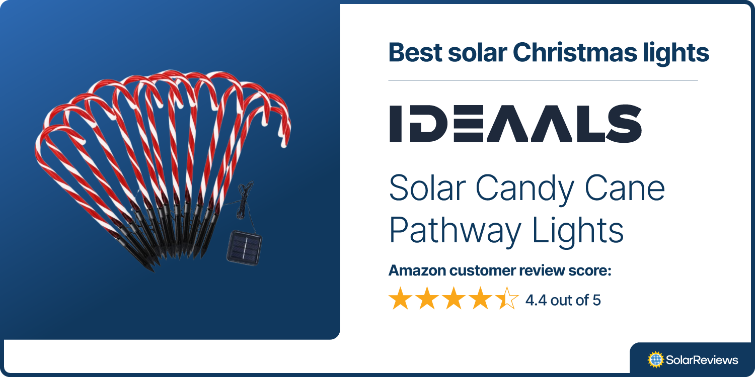 SolarReviews chose the IDEAALS Solar Candy Cane Pathway Lights as one of its choices for best solar Christmas lights, with an Amazon review score of 4.4/5.