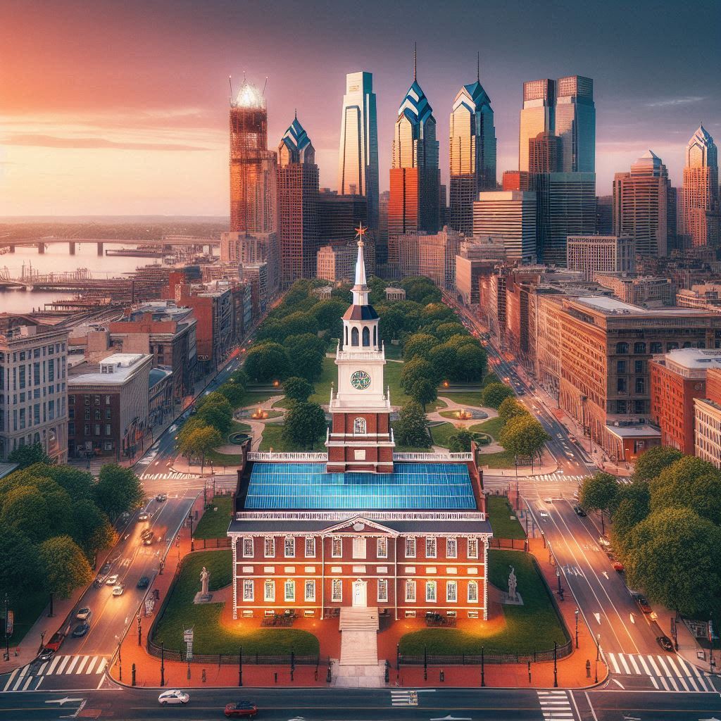 An AI-generated image of Independence Hall in Philadelphia with solar panels on its roof