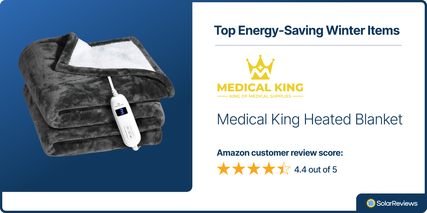 The Medical King Heated Blanket is one of SolarReviews best energy-saving products for winter with 4.4 out of 5 stars in Amazon customer reviews.