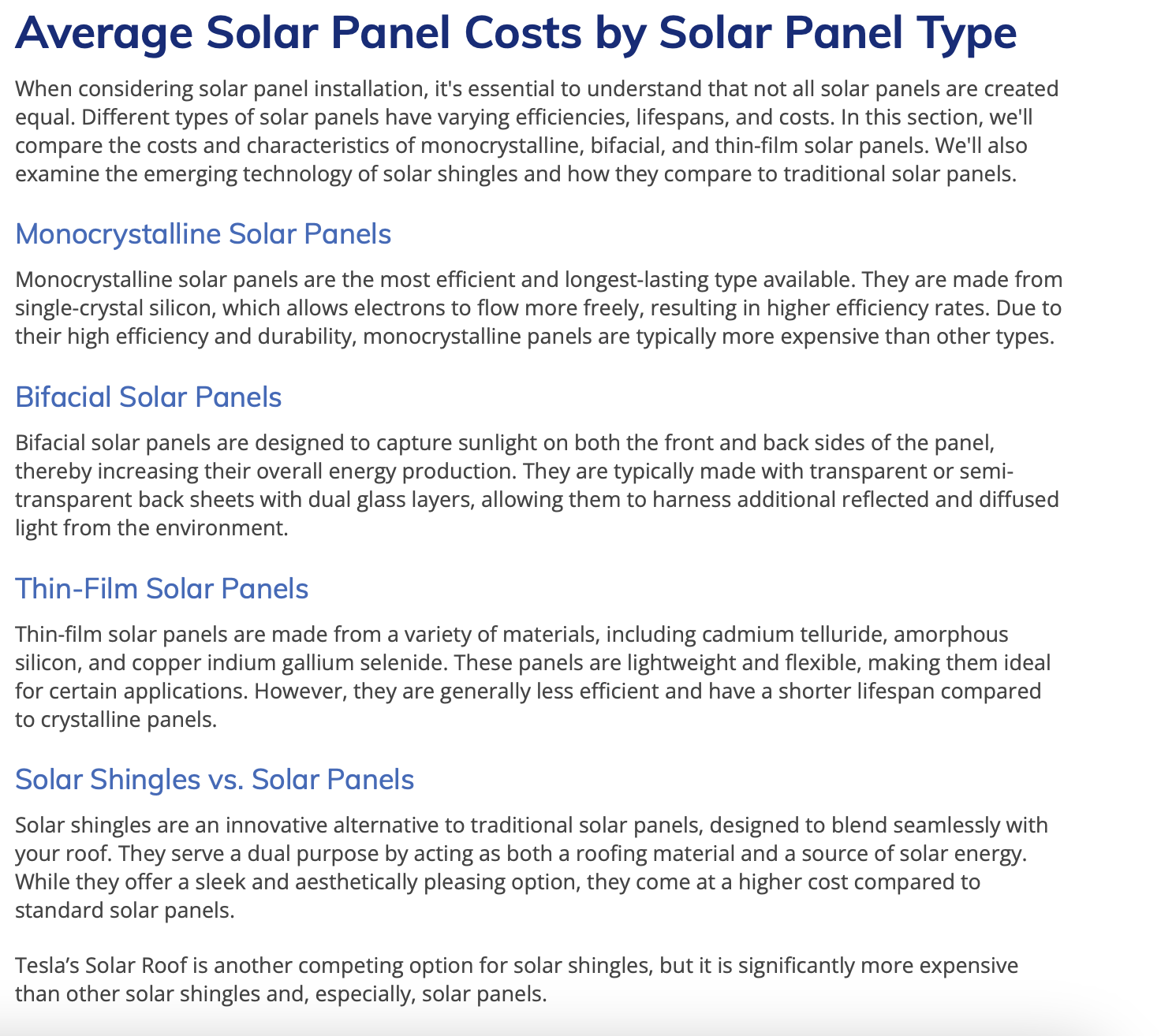 Screenshot of Paradise Energy types of solar panels