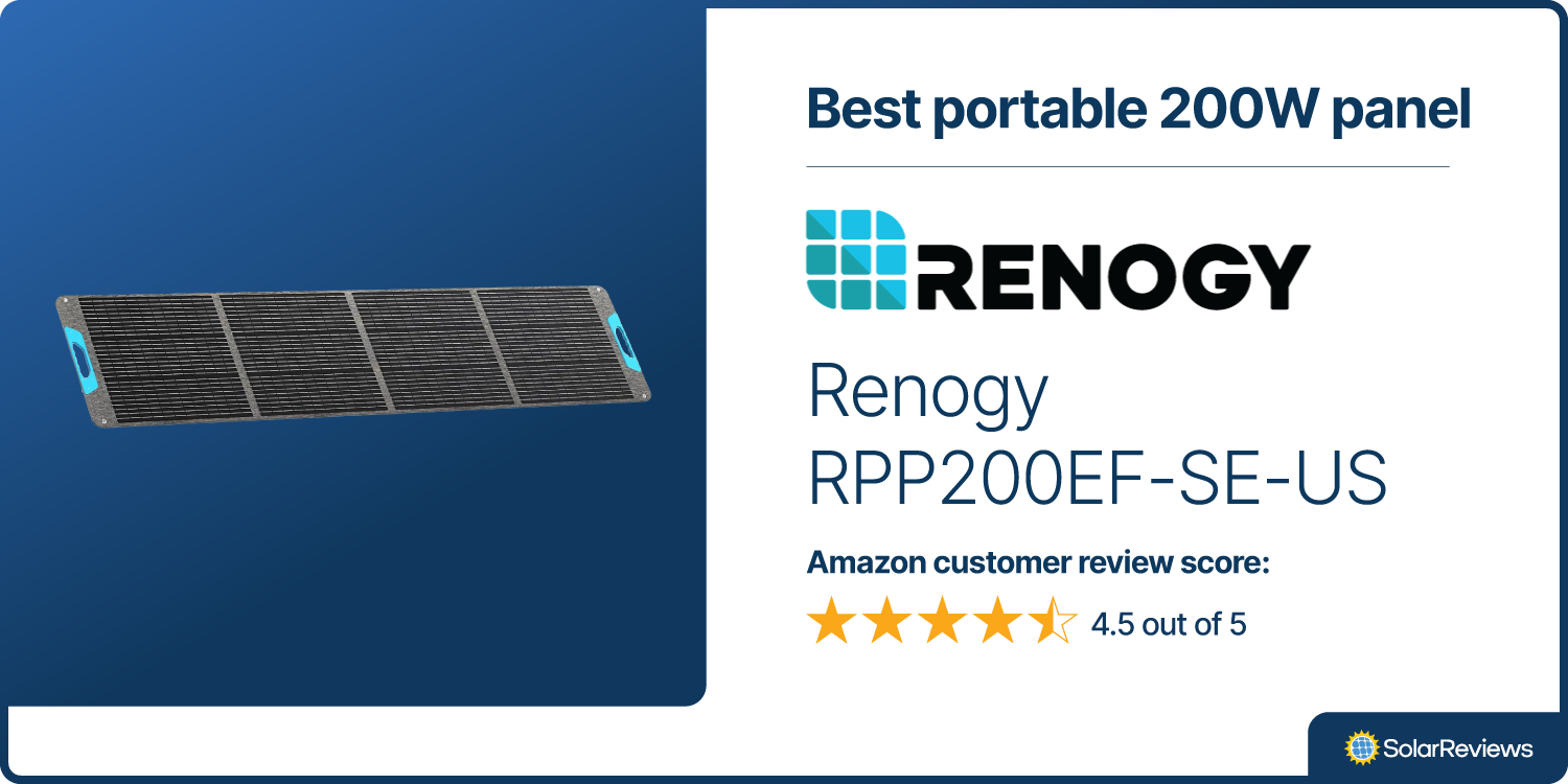 A product card showing that the Renogy RPP200EF-SE-US is the best portable 200W panel