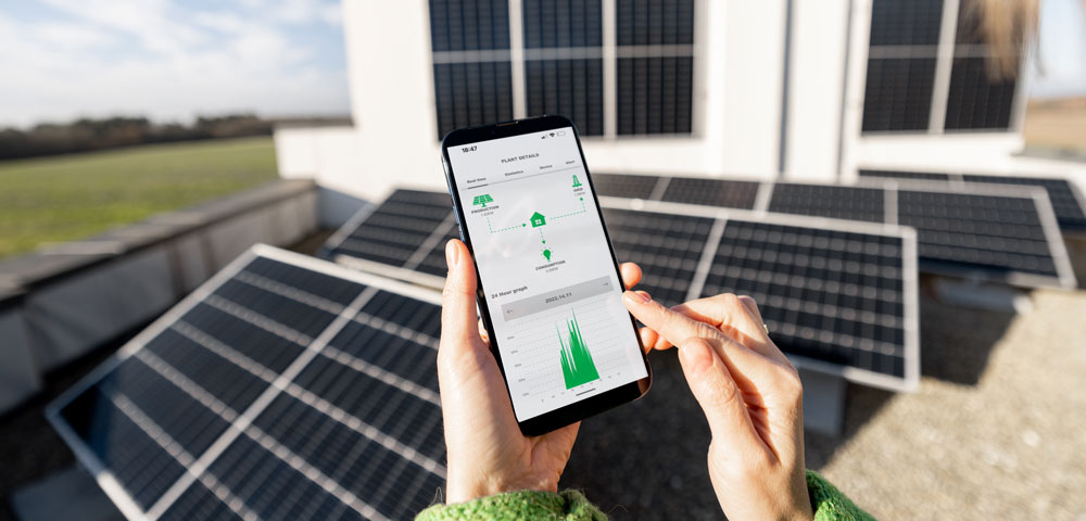 A photo of a person holding a smartphone that is displaying a solar production monitoring app
