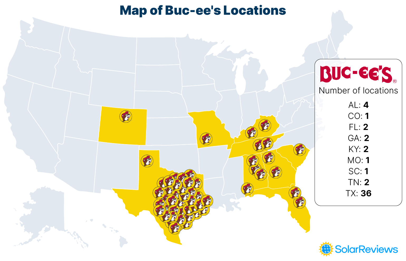 A map of Buc-ee's locations across the United States