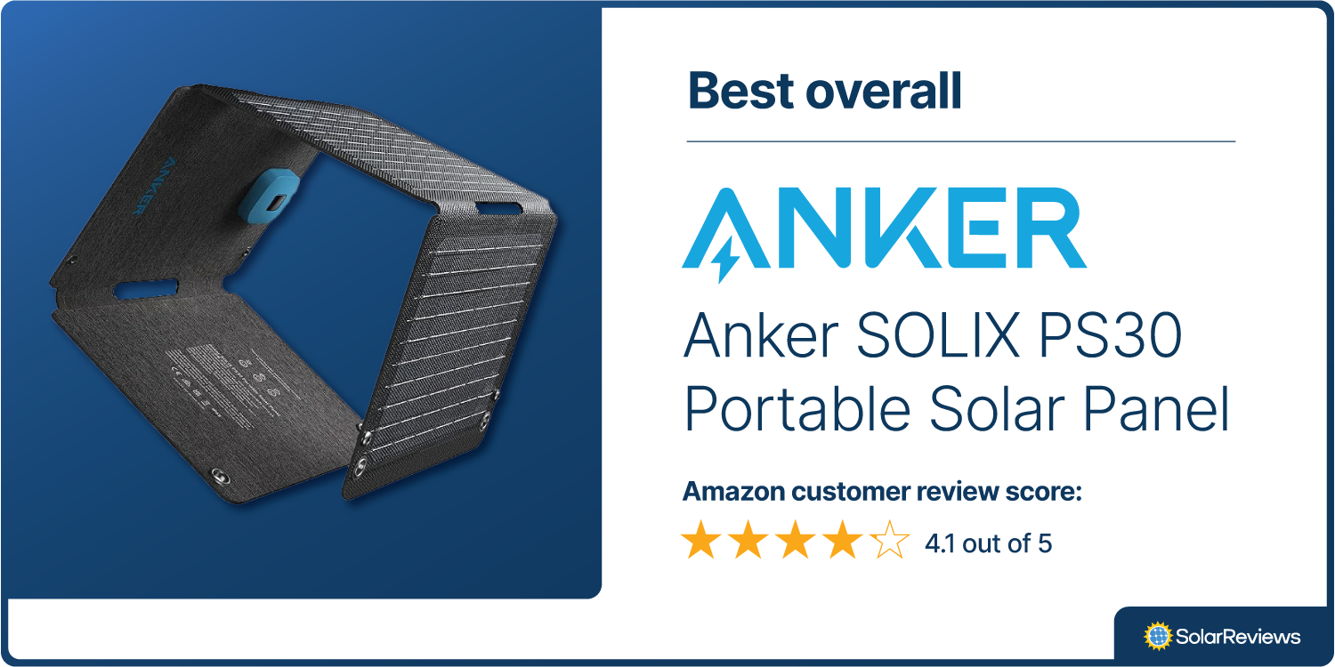 Brand card that shows SolarReviews chose the Anker SOLIX PS30 Portable Solar Panel is Best Overall solar phone charger