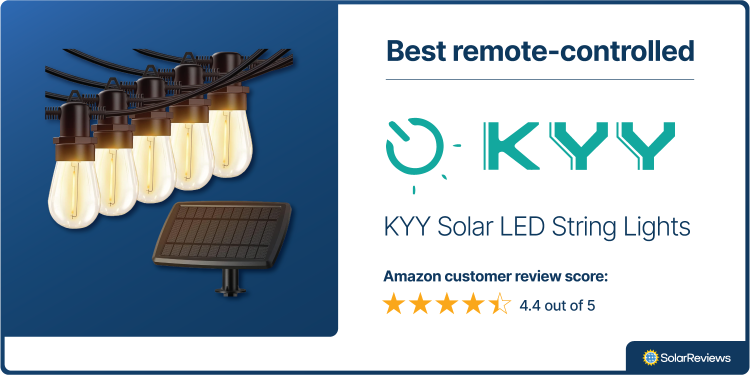 Image of KYY Solar LED String Lights, our best remote-controlled pick for solar string lights with a 4.5 out of 5 star Amazon Customer Review Score.