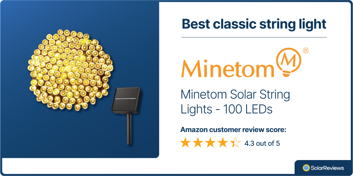 Image of Minetom Solar String Lights, our best classic pick for solar string lights with a 4.5 out of 5 star Amazon Customer Review Score.