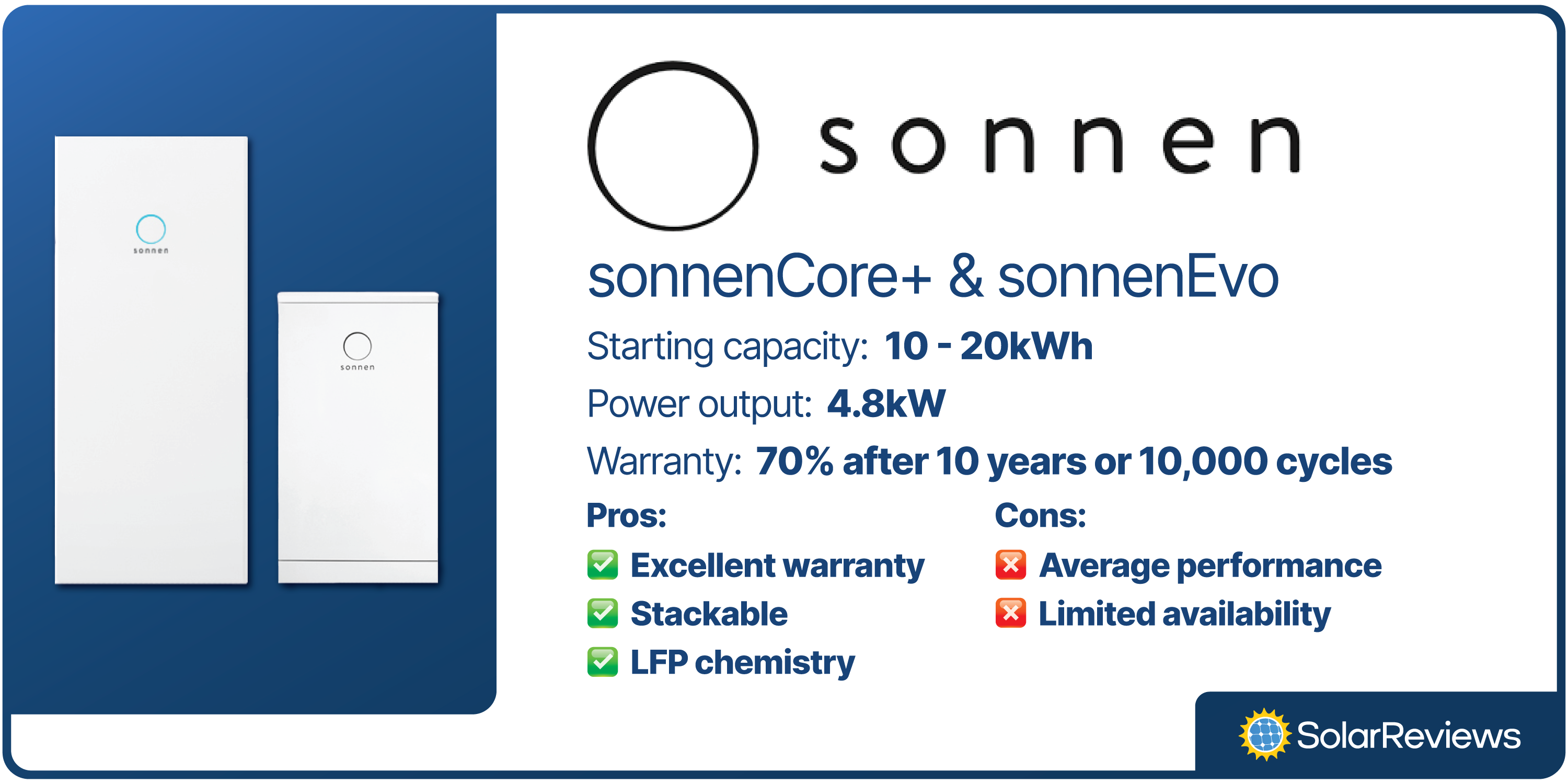sonnen batteries have a starting capacity of 10 - 20 kWh, a 4.8 kW power output, an are AC coupled. sonnen has excellent warranties, are stackable, can participate in VPPs, and use LFP chemistry. But, they are average performers, aren't as flexible in size, and have limited availability in the U.S