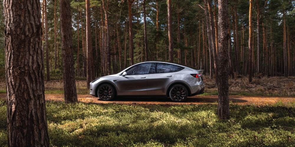 Grey Tesla Model Y driving through a road in the woods.