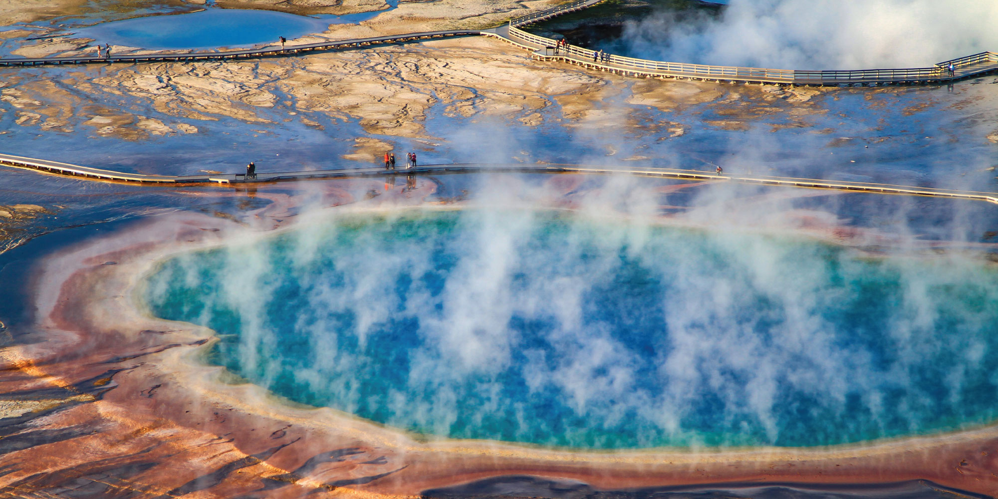 Aerial view of the Grand Prismatic hot spring in Yellowstone National Park.