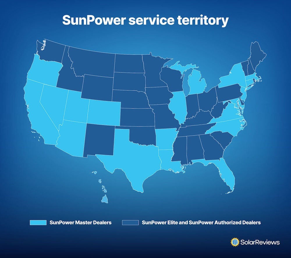 map of states where SunPower Master Dealers, SunPower Elite Dealers, and SunPower Authorized Dealers are located
