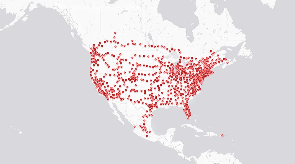 A map showing the location of Tesla Supercharger stations in North America