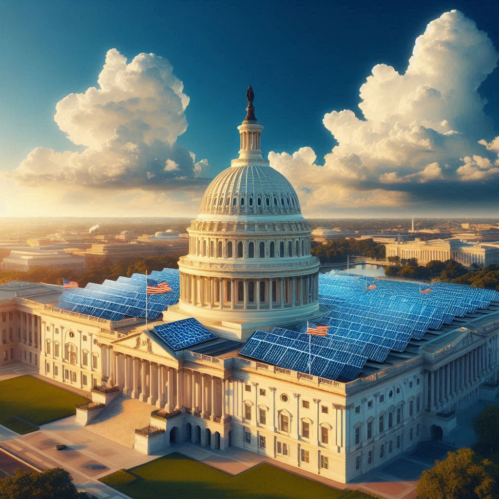 AI-generated image of the United States Capitol Building with solar panels on its roof