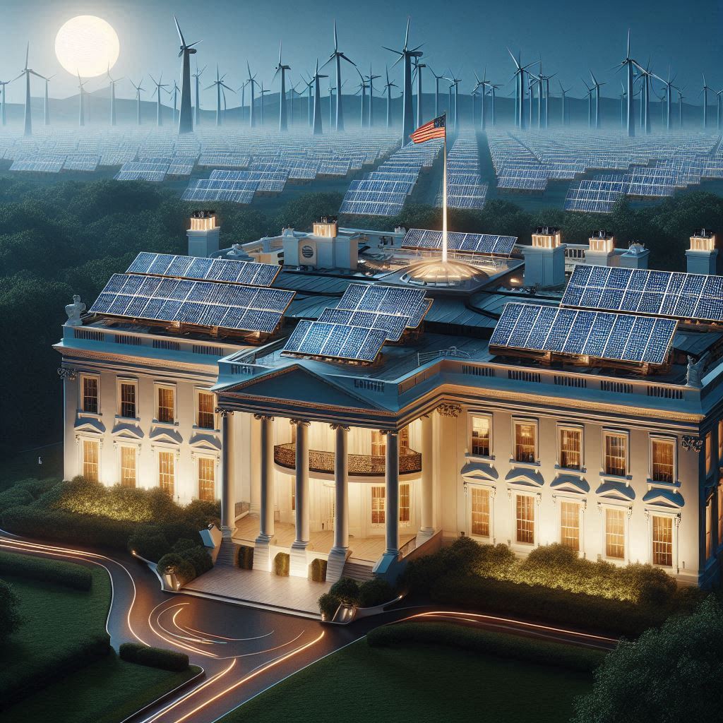 AI-generated image of the United States White House with roof top solar panels and wind turbines in the background