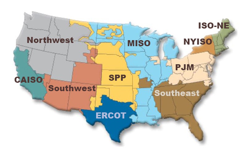 map showing the various Power Markets in the U.S.