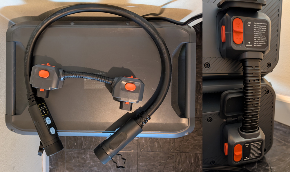 a photo collage showing the new low-profile Bluetti expansion cable next to the much larger old cable